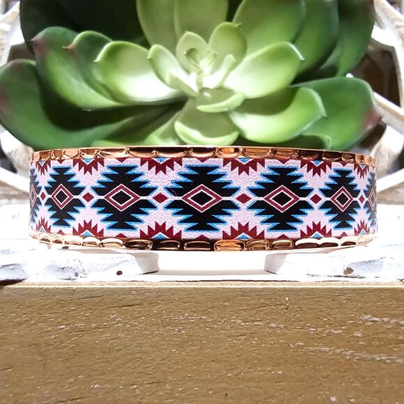 Cuff Bracelet, Copper Turquoise Black Burgundy White Southwestern Aztec Pattern - Picture 7 of 8
